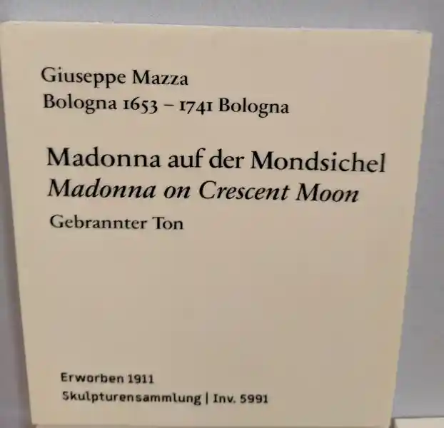 Description, Madonna on Crescent Moon, burnt clay sculpture, mother and child, located in Bode Museum